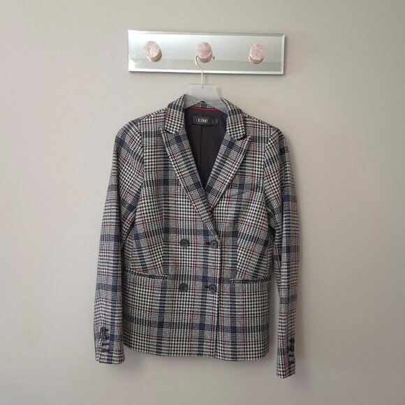 NWOT Simons Icone double breast blue, white, red black plaid houndstooth blazer - Picture 3 of 6